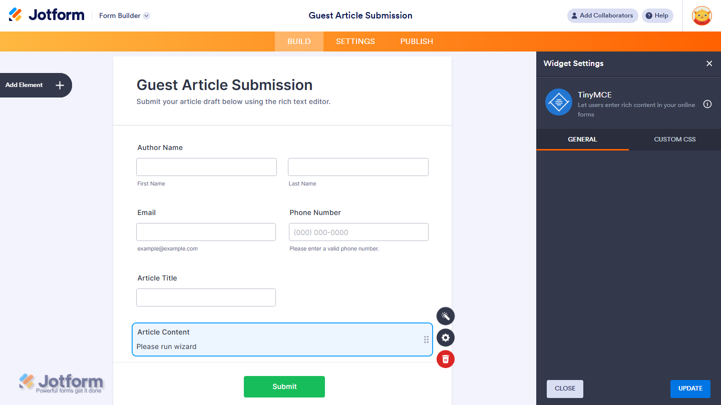 TinyMCE widget successfully added and configured on a Jotform form