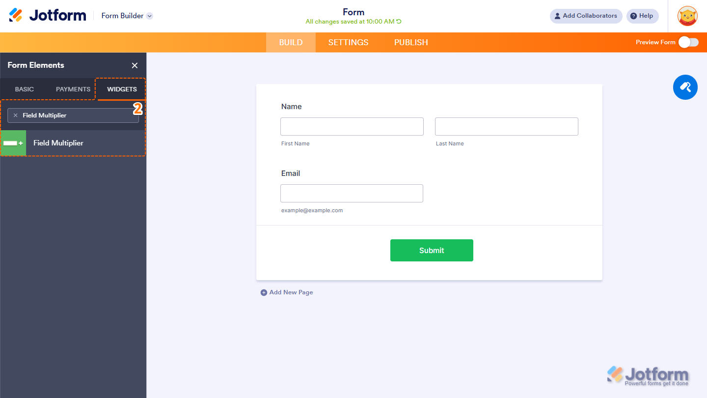 Field Multiplier widget in the Widgets tab of Jotform Form Builder