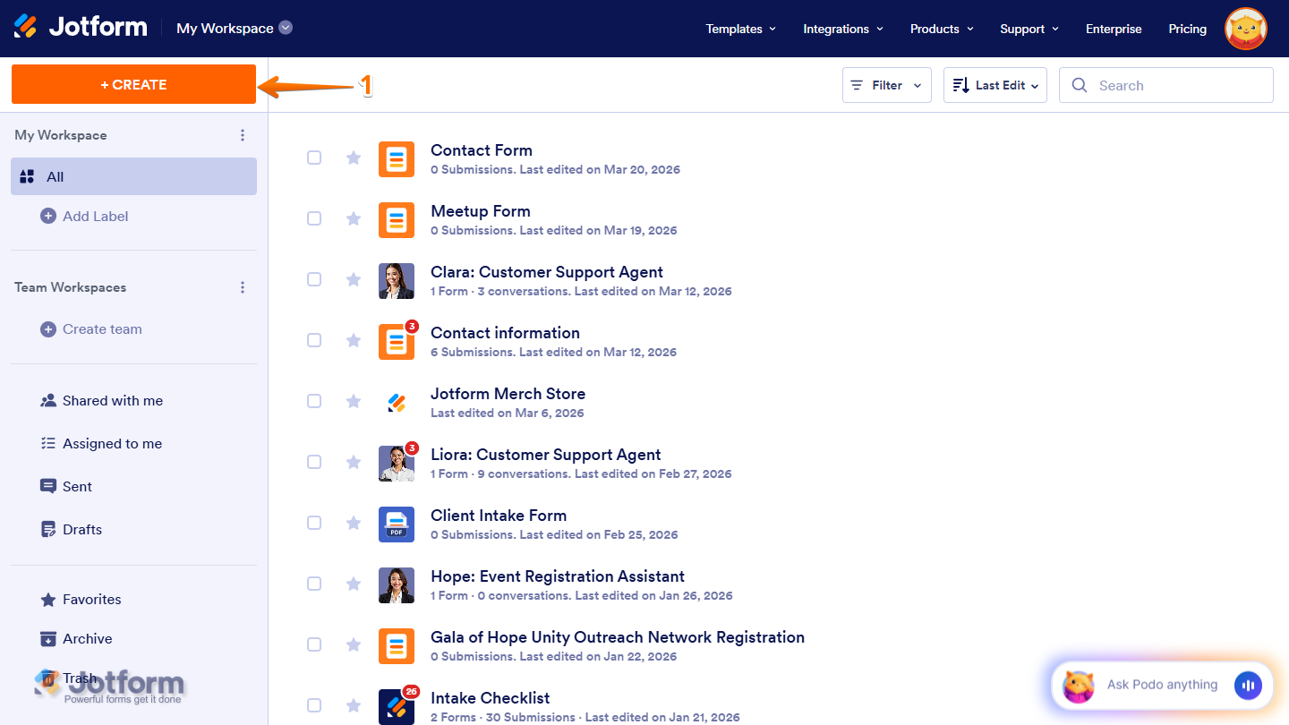 Create button in the Workspace page of Jotform