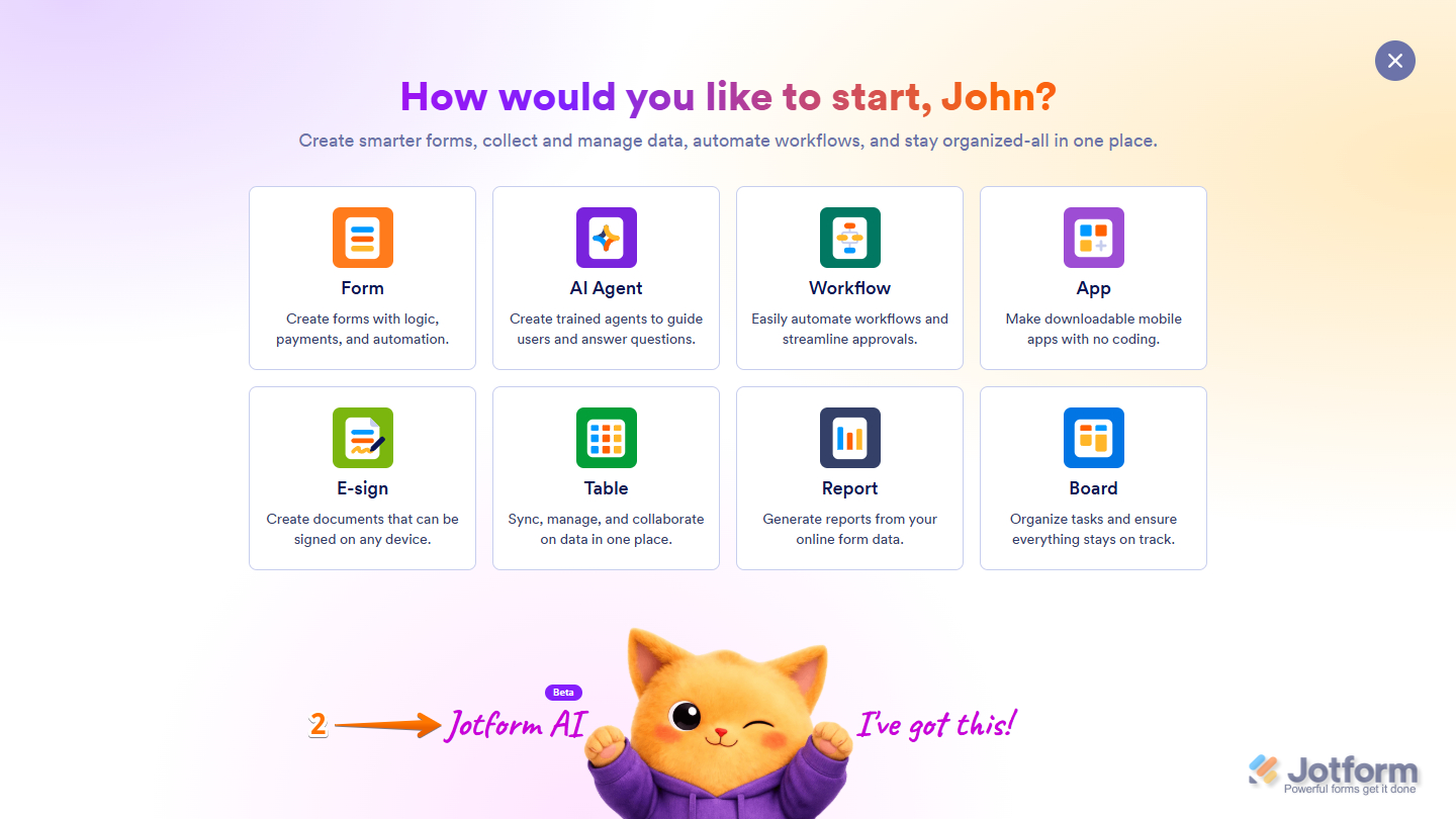 Jotform AI in the Create asset flow of Jotform
