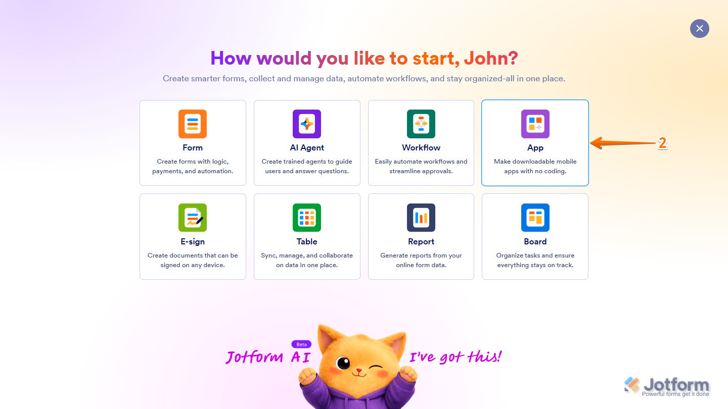 App option in the Create Asset of Jotform