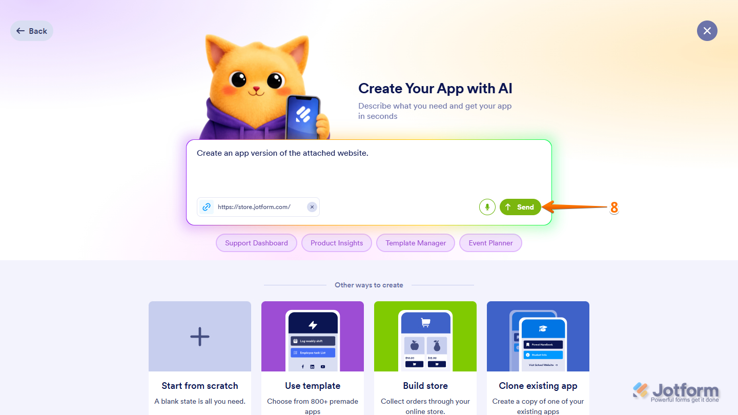 Send button of Create App flow in Jotform