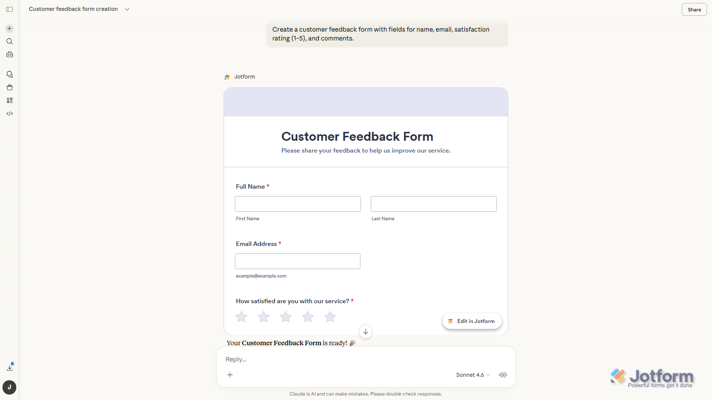 Claude chat conversation showing generated Jotform form preview in the chat interface