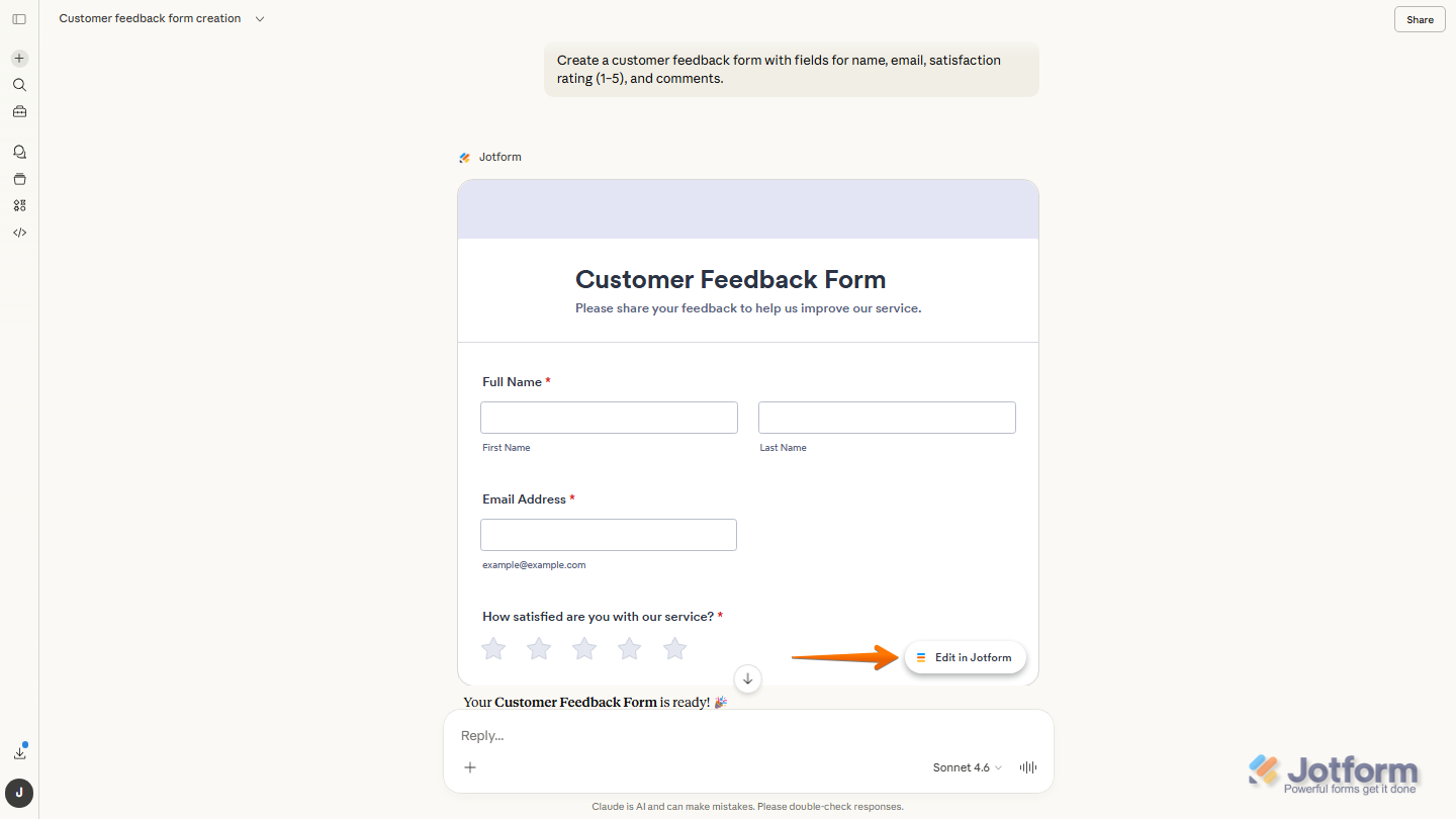 Claude chat interface showing generated form preview with Edit in Jotform button