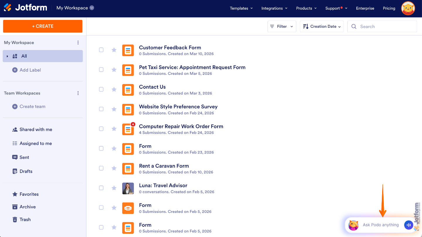 Workspace page showing the Jotform Chatbot icon in the bottom-right corner to start a conversation with AI