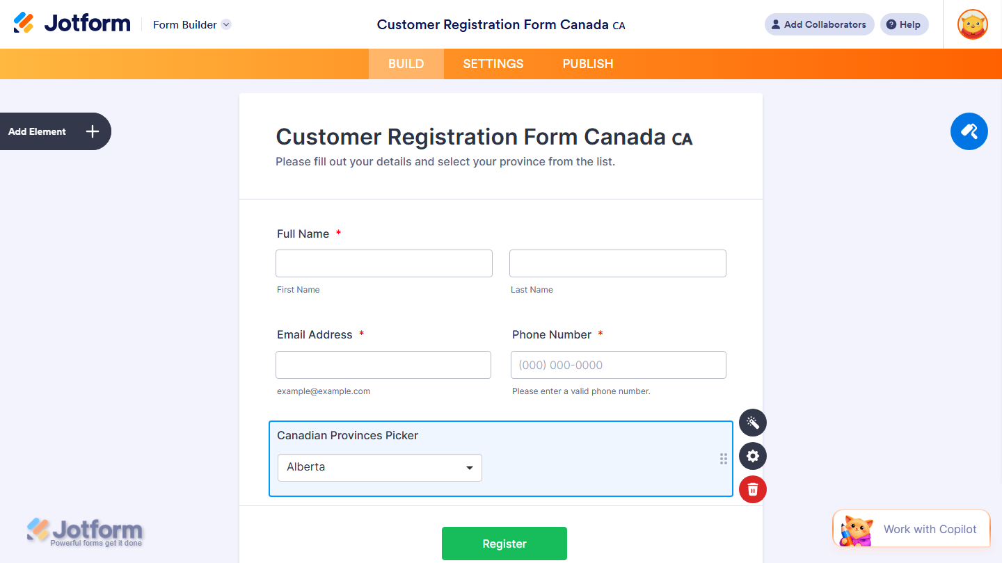 Form Builder showing Canadian Provinces Picker widget added to the form in Jotform