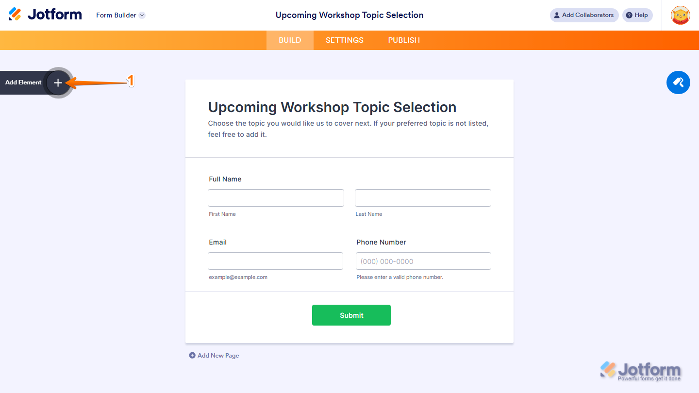 Form Builder Add Element menu in Jotform
