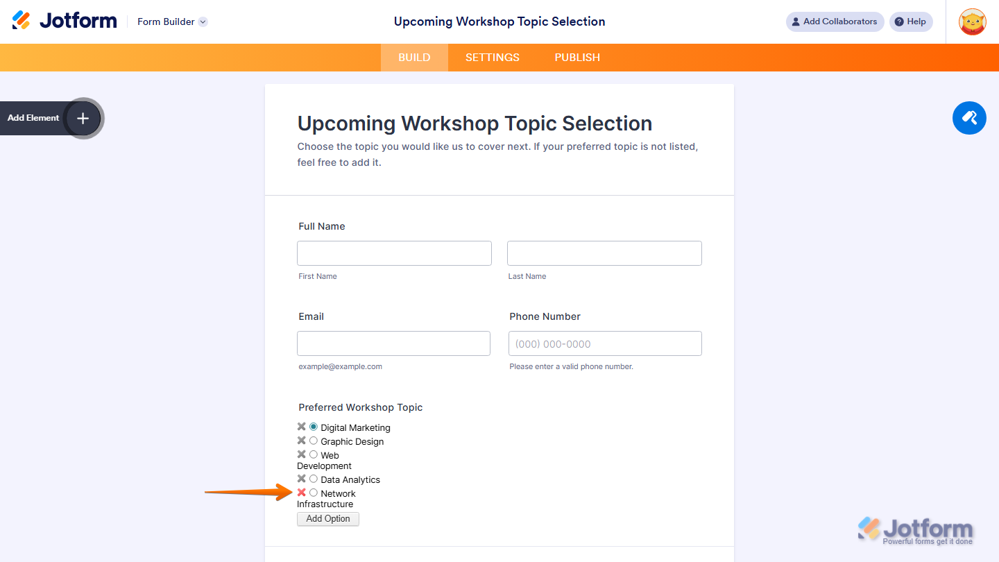 User Contributed Radio Buttons widget showing red X delete option button in Form Builder in Jotform