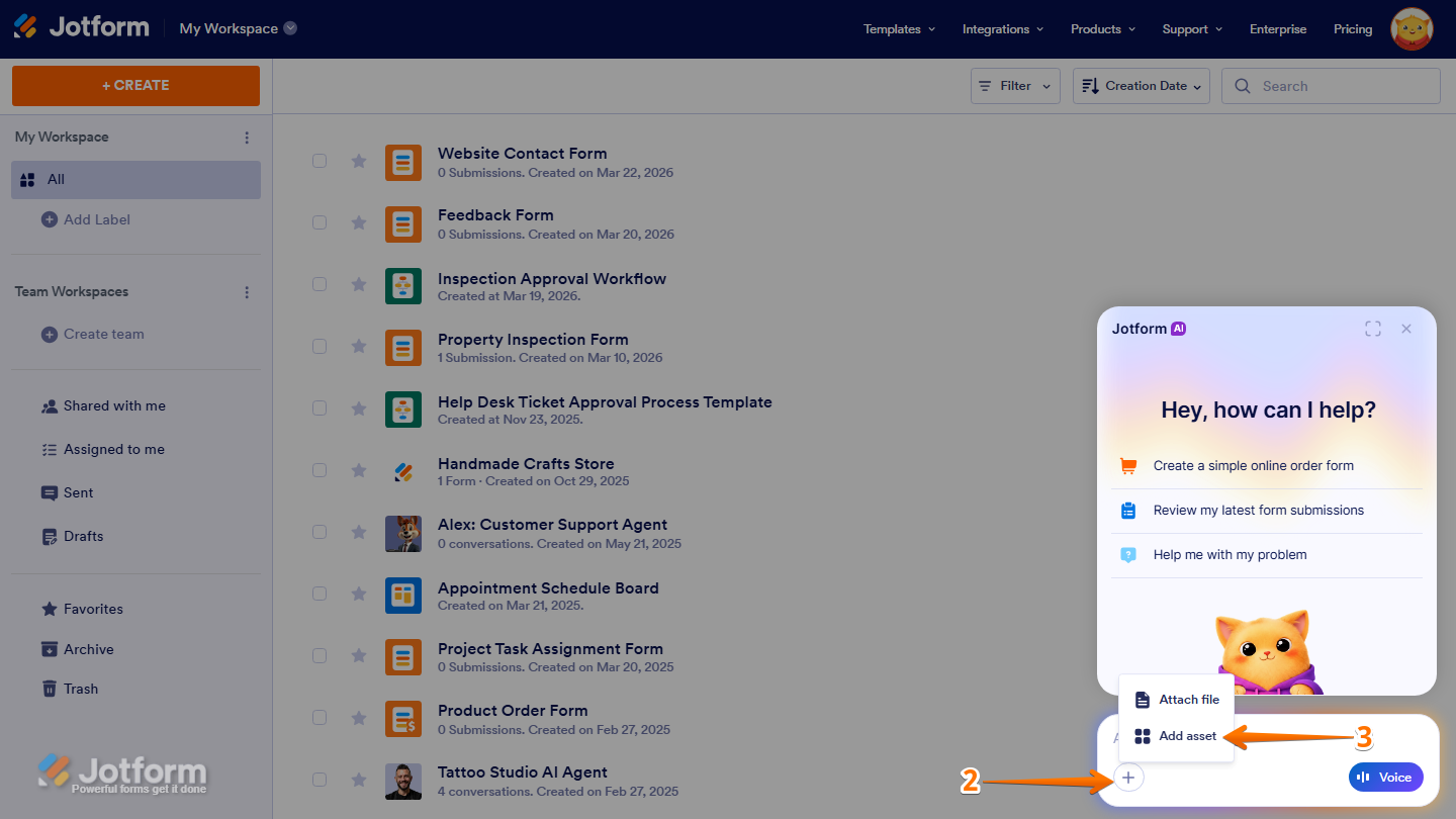 Jotform AI Chatbot window showing Plus icon and Add Asset option in Jotform