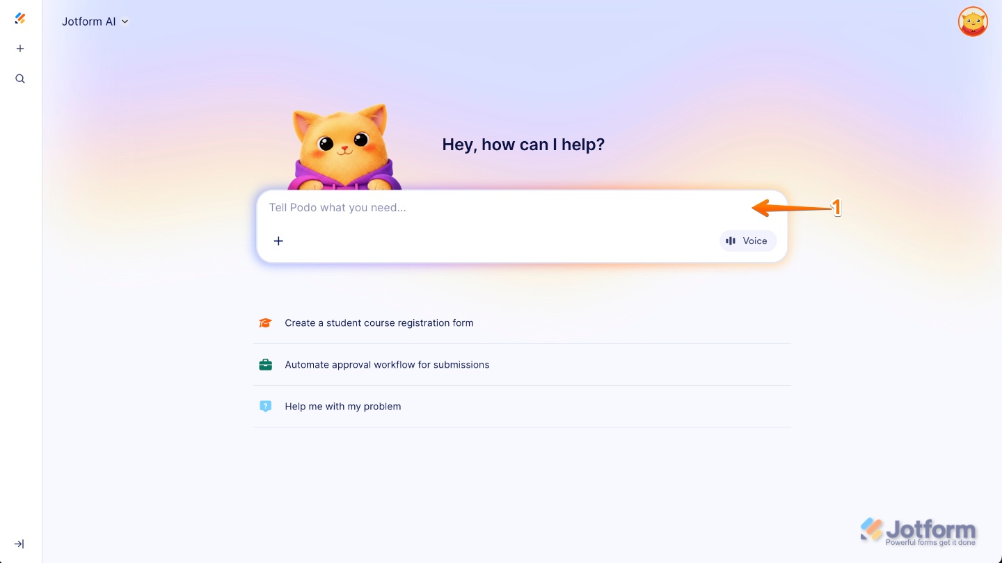 Jotform AI prompt box at the center of the page where users type detailed instructions to generate a custom form