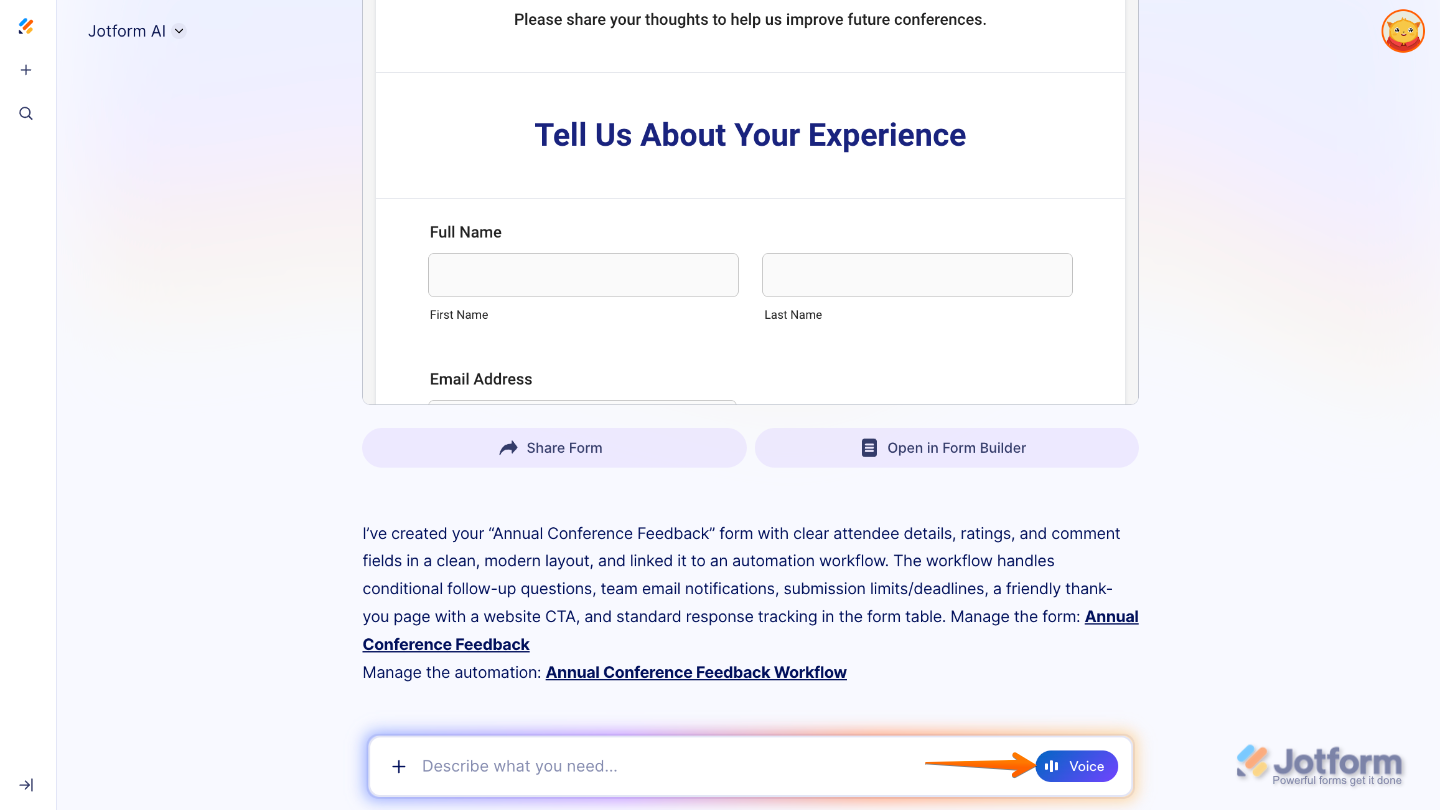 Jotform AI interface showing the option to enter another command or use Voice to refine or update a form