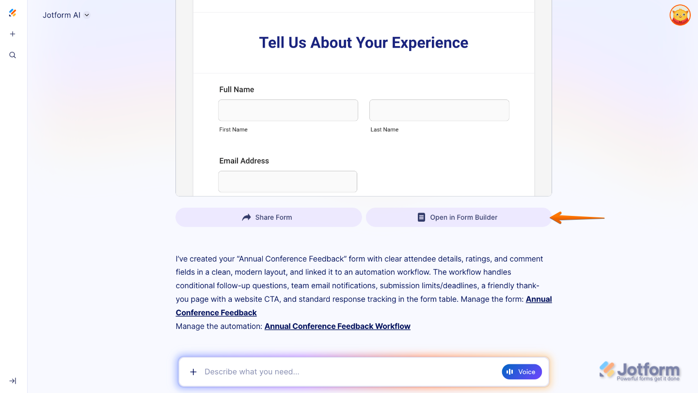 Jotform AI confirmation screen showing that the form is ready, with options to preview or open it in Form Builder