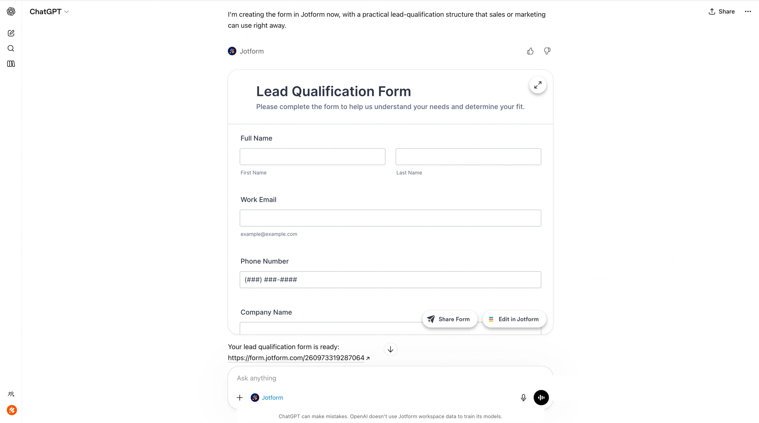 Screenshot of a Jotform “Lead Qualification Form” displayed inside a ChatGPT interface