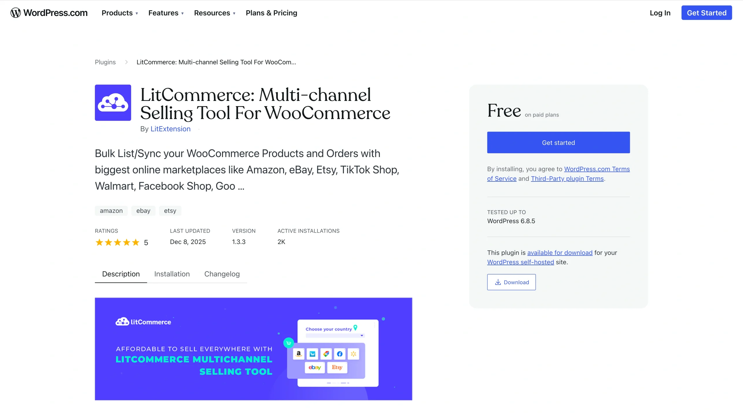 WordPress plugin page for “LitCommerce: Multi-channel Selling Tool for WooCommerce” showing plugin details, ratings, version, and a “Get started” button
