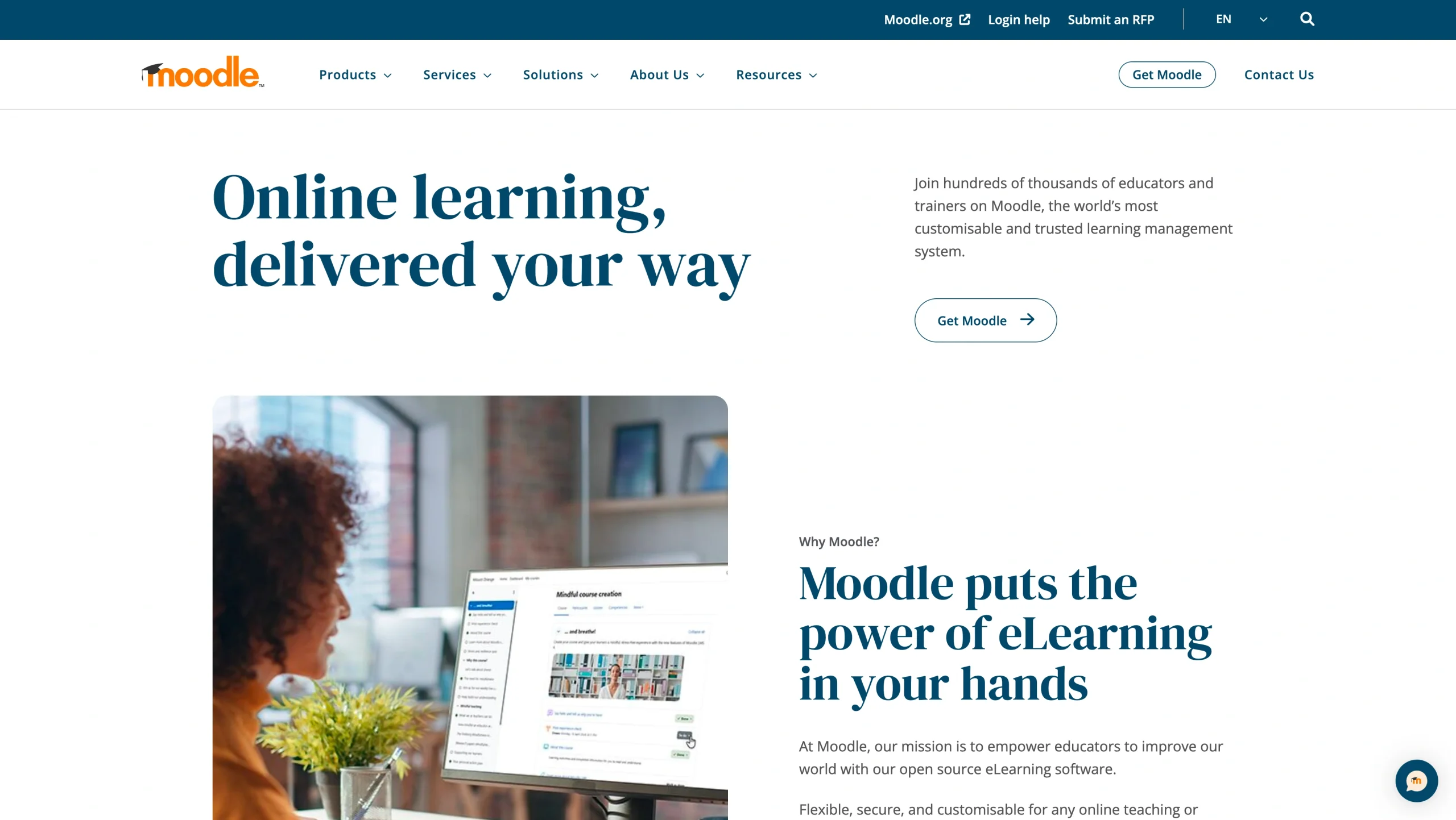 Screenshot of Moodle's landing page, showing a headline "Online learning, delivered your way"
