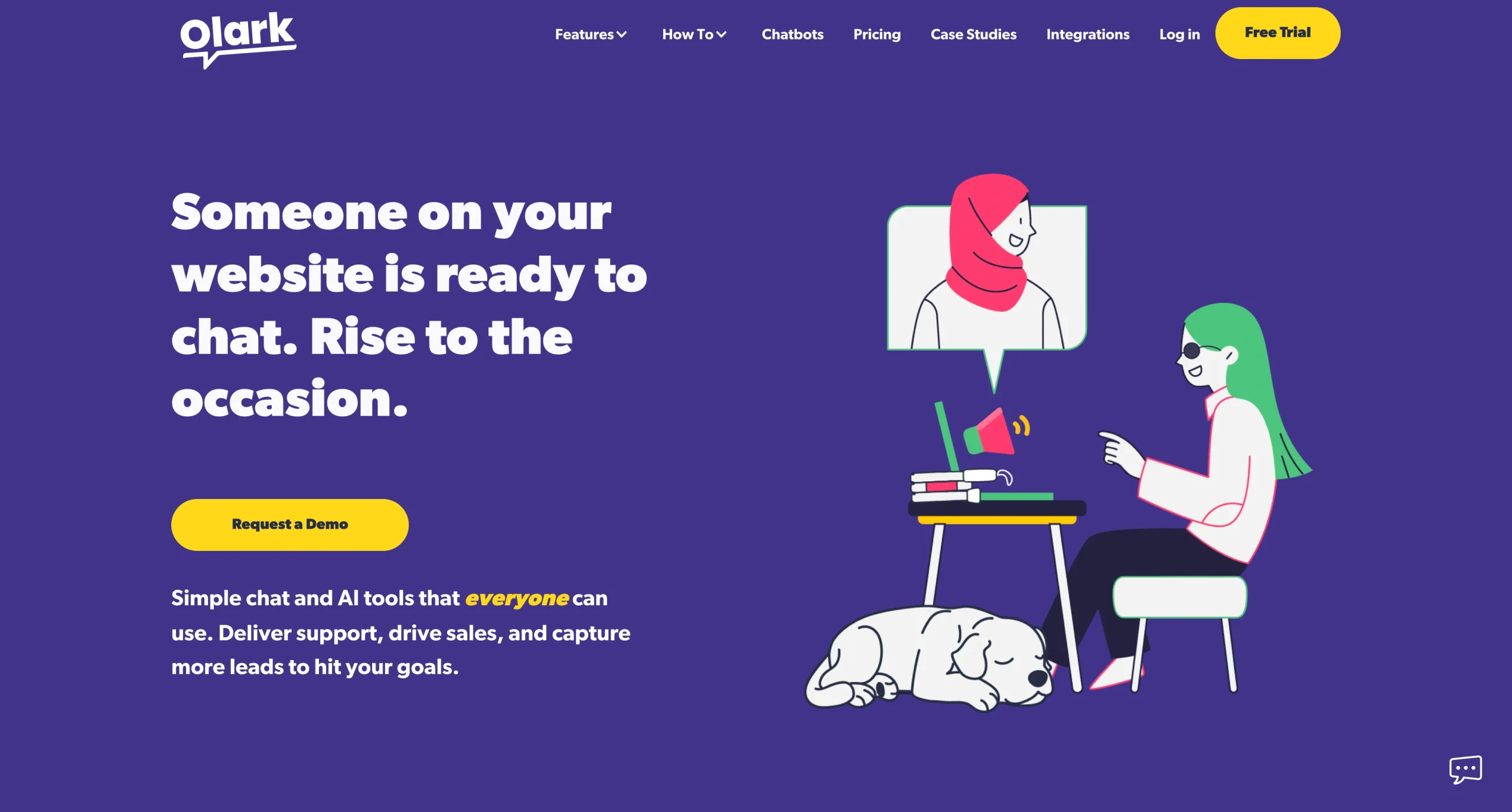 Screenshot of Olark's landing page, showing a headline "Someone on your website is ready to chat