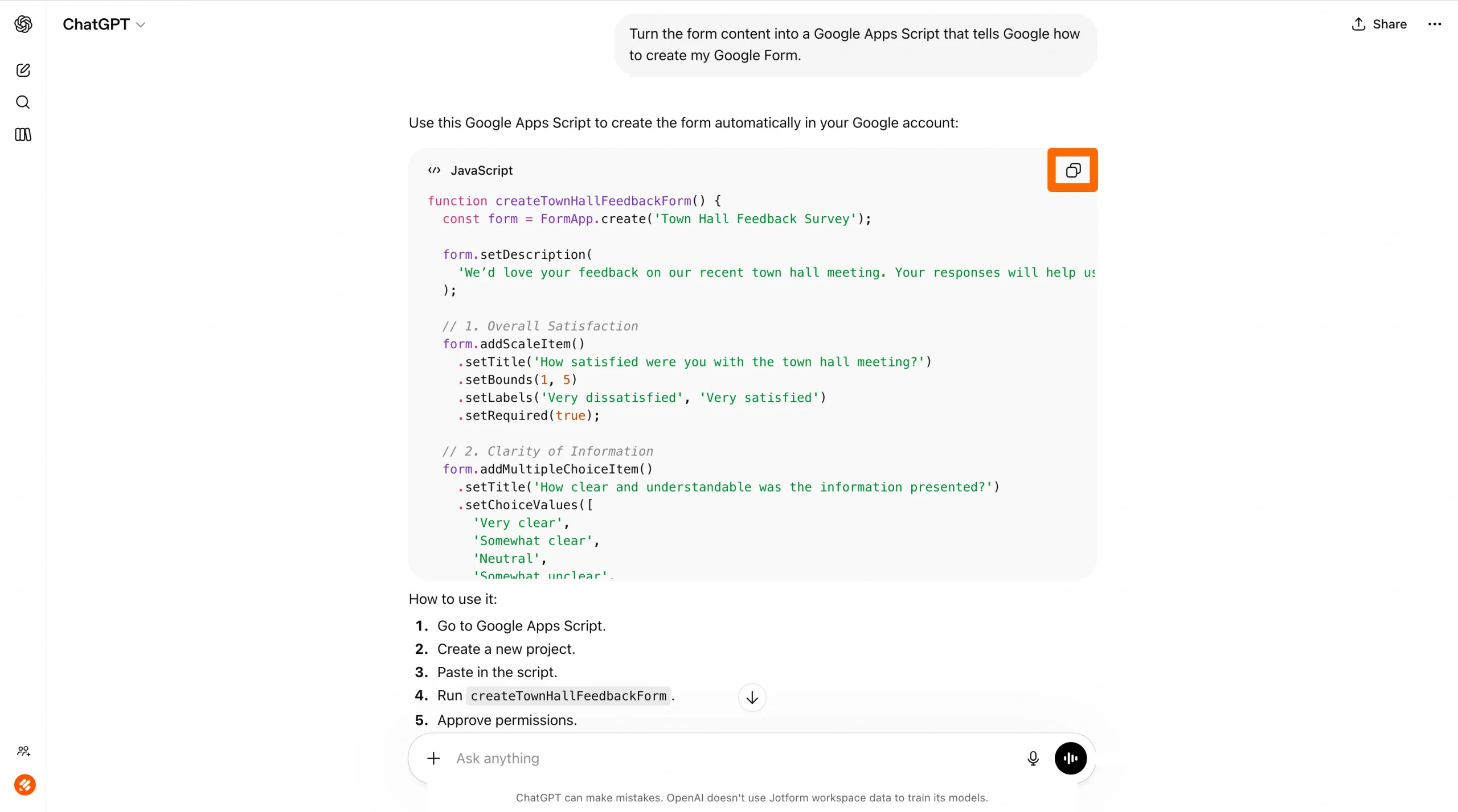 Screenshot of ChatGPT providing Google Apps Script code, with a highlighted “Copy code” button and script preview for creating a Google Form