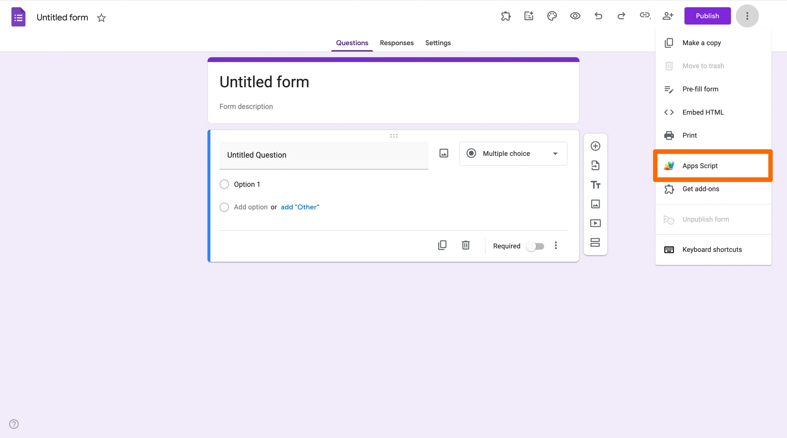 Screenshot of Google Forms editor, showing a blank form with the three-dot menu open and the “Apps Script” option highlighted