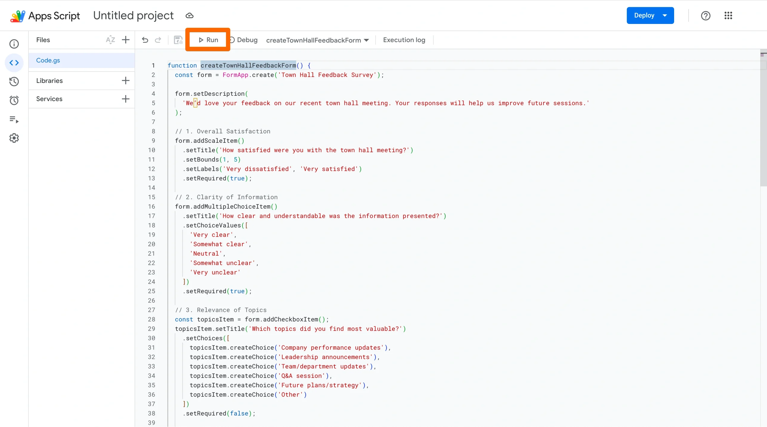 Screenshot of Google Apps Script editor, displaying pasted code with the “Run” button highlighted in the toolbar