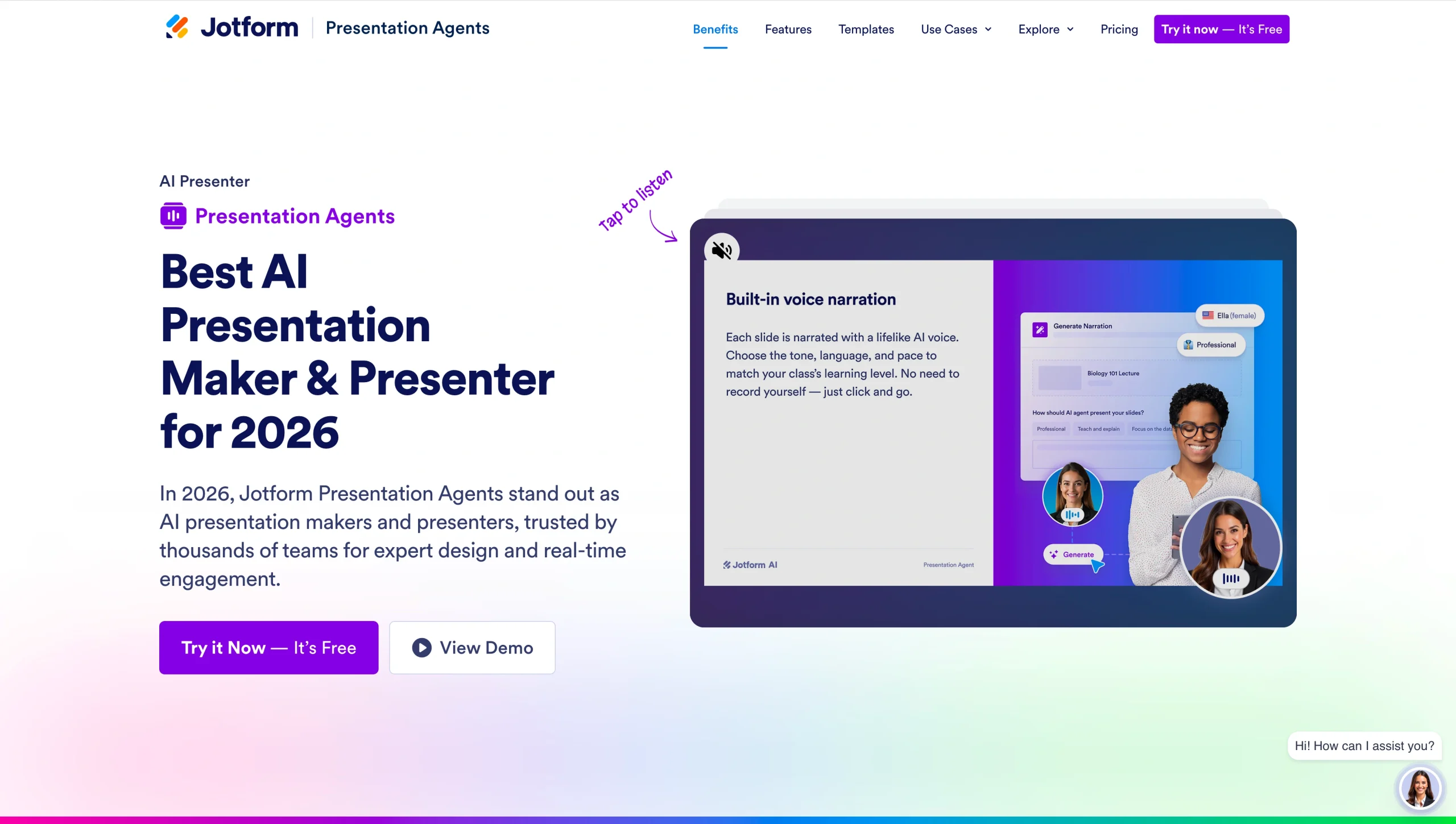 Screenshot of Jotform Presentation Agents' landing page, showing a headline "Best AI Presentation Maker & Presenter for 2026"
