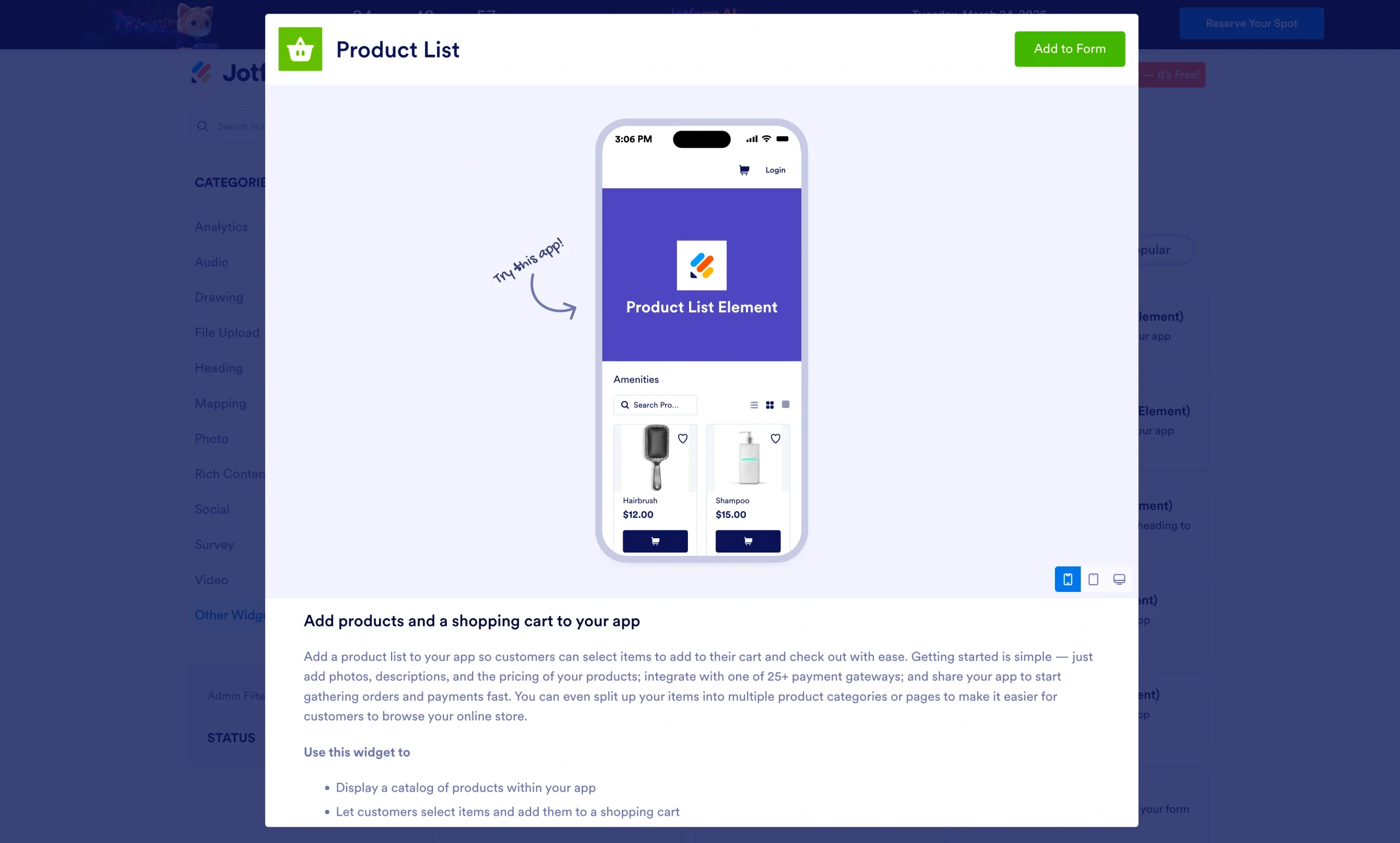 Jotform Product List element screen showing a mobile product catalog with items and prices and an “Add to Form” button