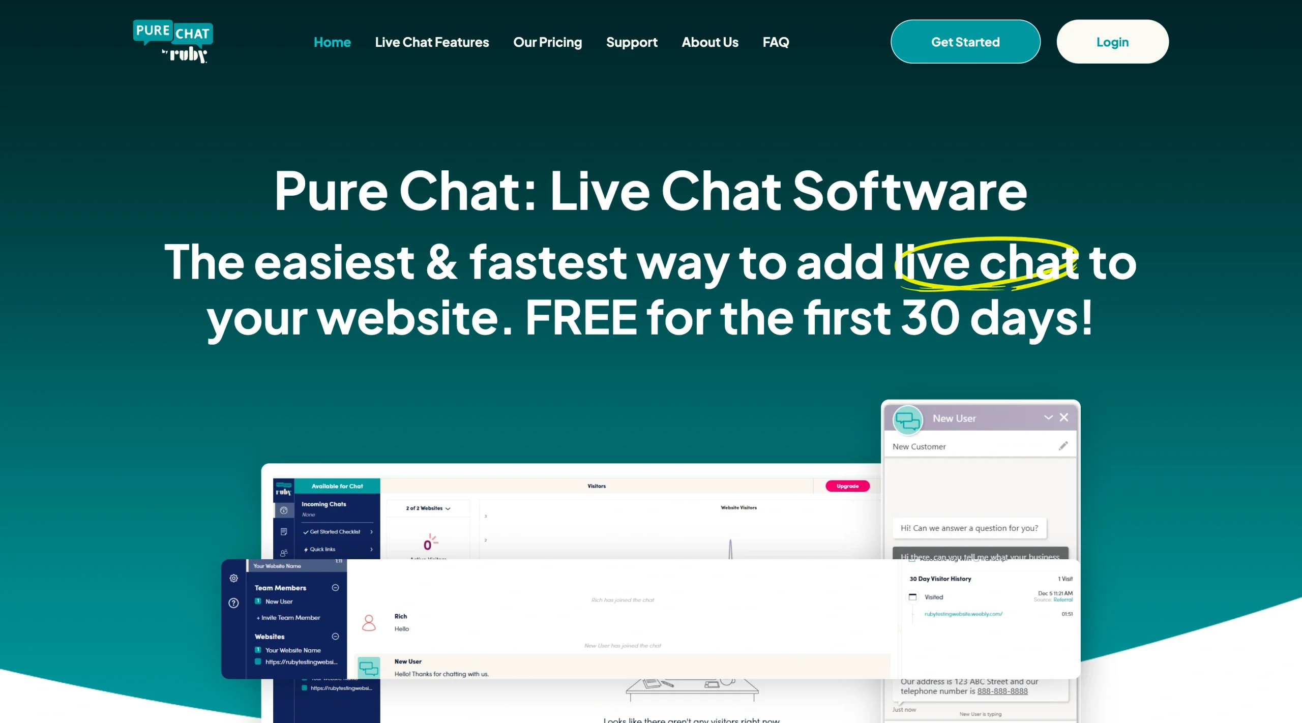 Screenshot of Pure Chat's landing page, showing a headline "The easiest & fastest way to add live chat to your website