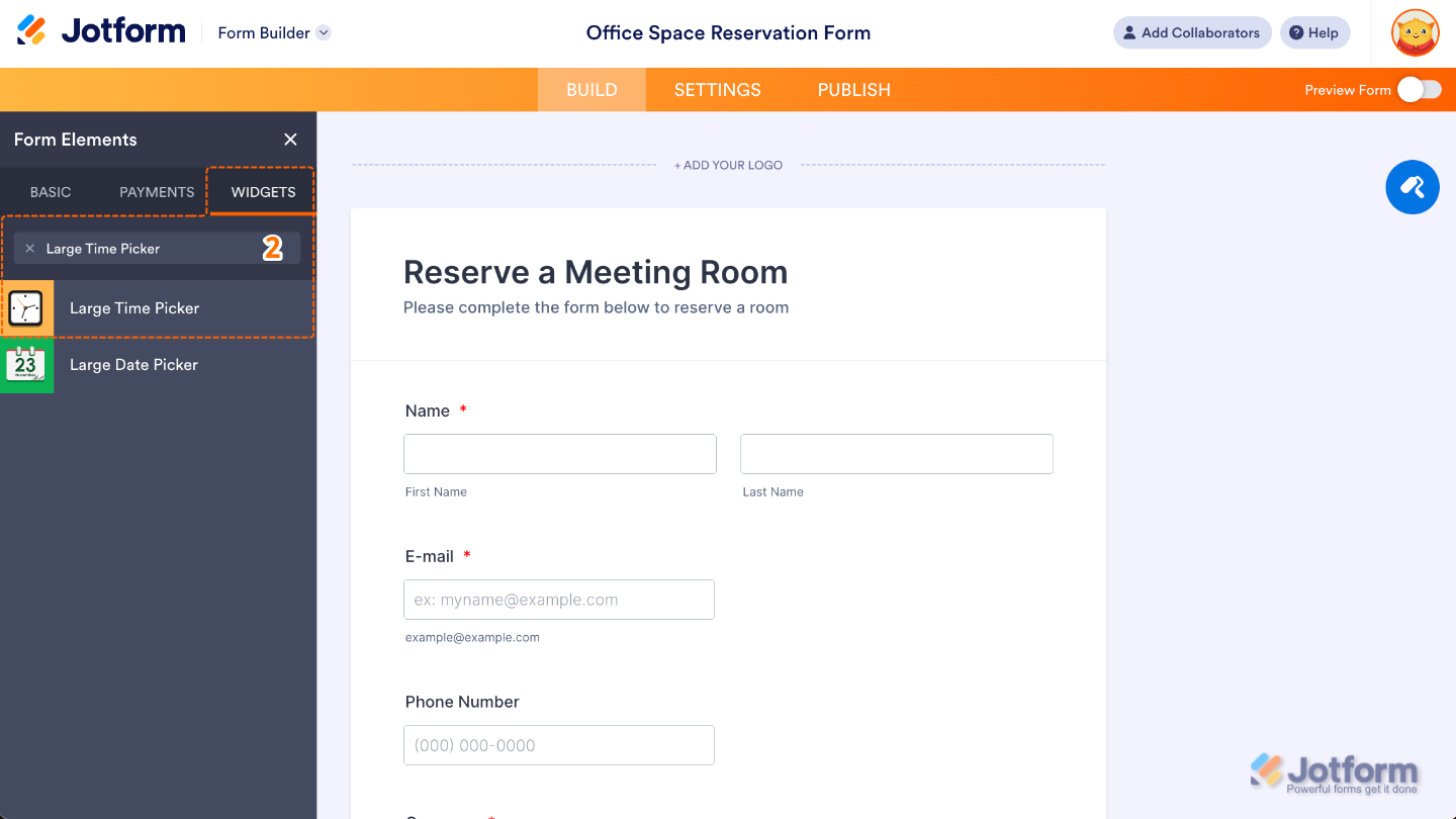 Form Elements panel under the Widgets tab showing the Large Time Picker widget being searched and added to a form