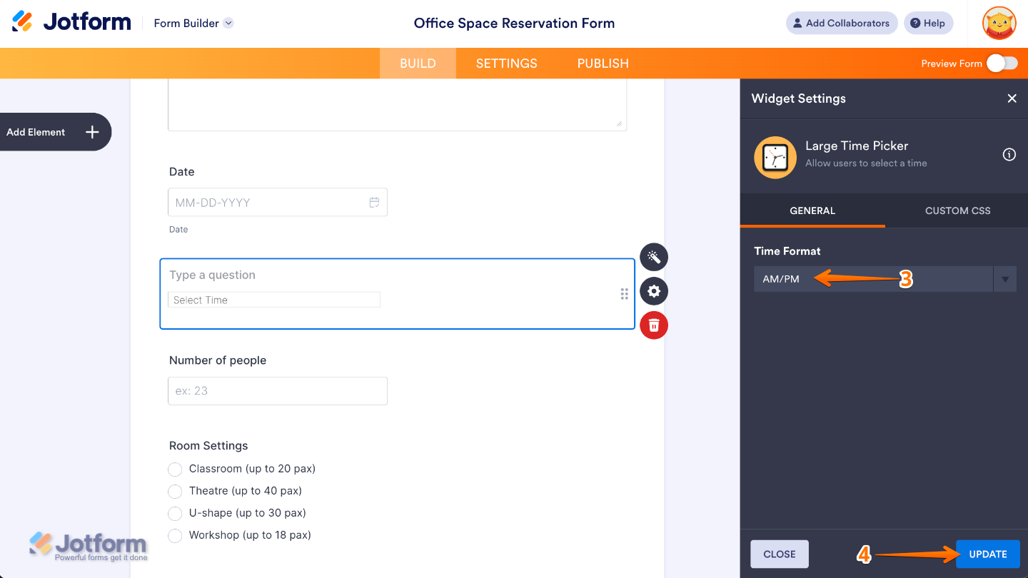 Large Time Picker widget settings panel showing the Time Format option with 12-hour and 24-hour choices