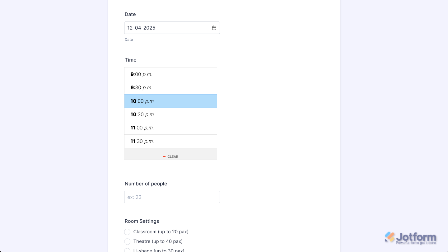 Form with the Large Time Picker widget added, allowing users to select precise times easily
