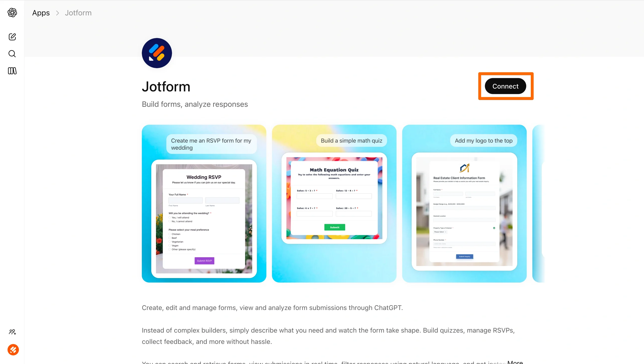 Jotform’s app page in ChatGPT Apps, with the Connect button highlighted in orange to show where to link a Jotform account