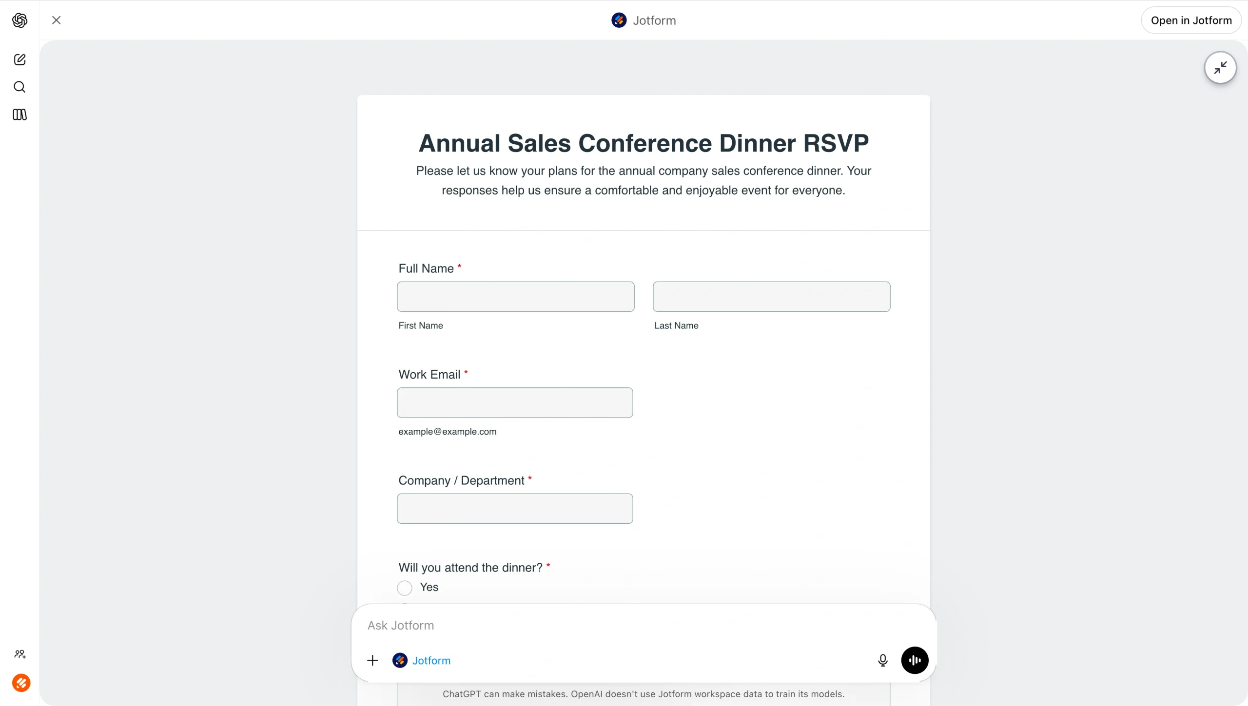 Inline form preview in ChatGPT, showing the generated RSVP form and indicating that it can be expanded to full screen and edited with follow-up prompts