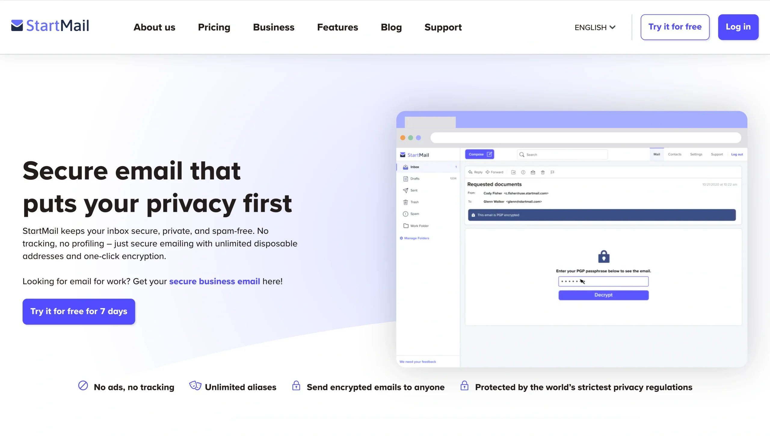 Screenshot of StartMail's landing page, showing a headline "Secure email that puts your privacy first"
