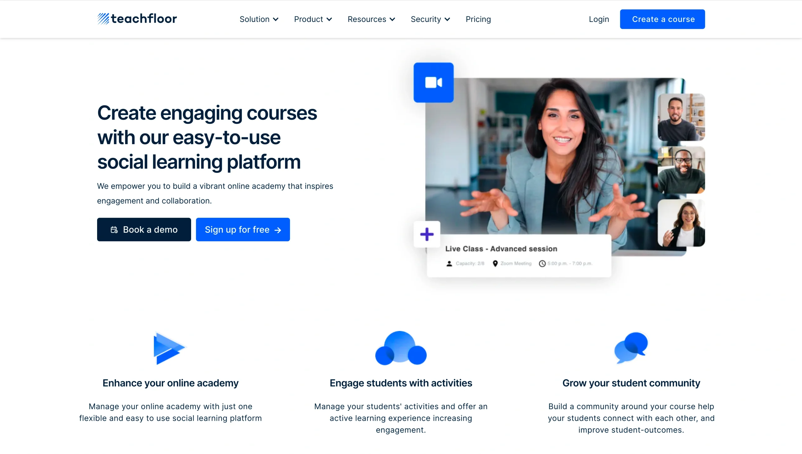 Screenshot of Teachfloor landing page, showing a headline "Create engaging courses with our easy-to-use social learning platform"