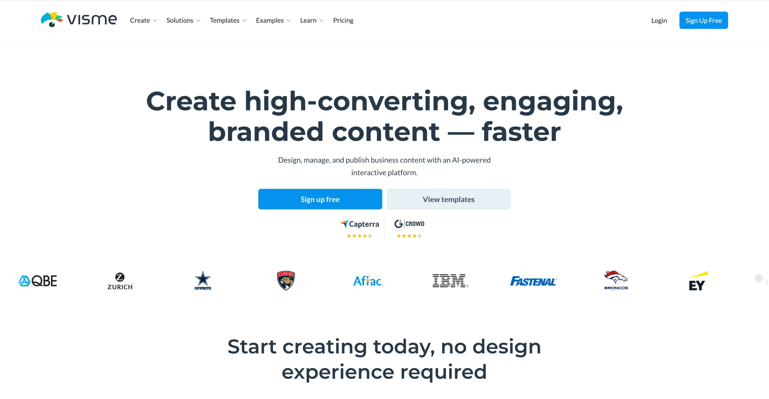 Screenshot of Visme's landing page, showing a headline "Create high-converting, engaging, branded content - faster"