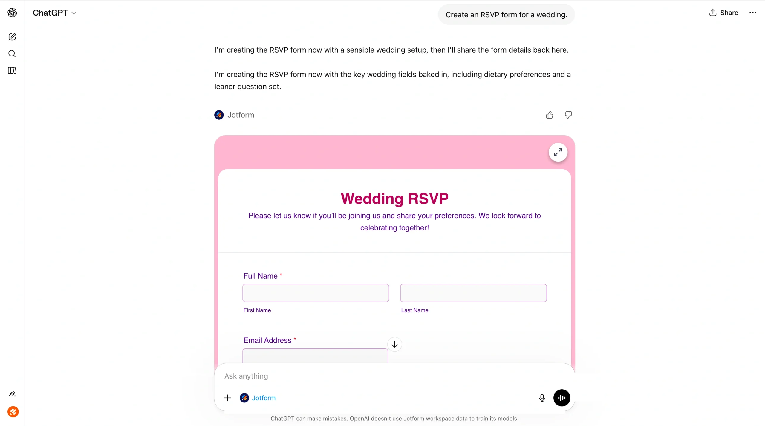 Screenshot of the ChatGPT interface showing a generated Wedding RSVP form with a pink-themed design inside the Jotform app