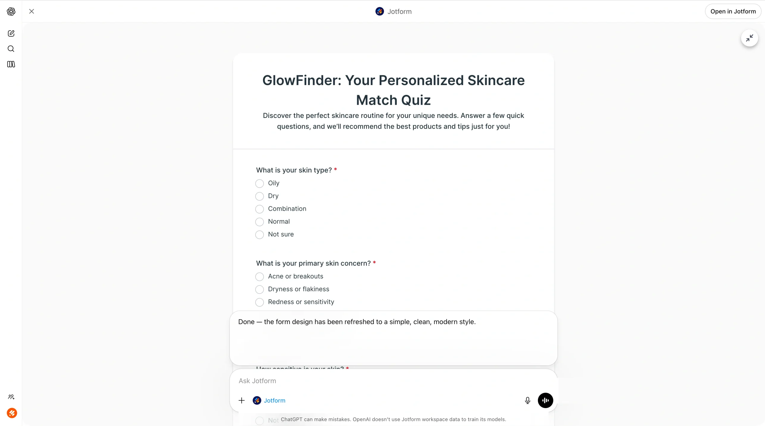 Updated version of the GlowFinder quiz with a cleaner, modern design after styling improvements requested in ChatGPT