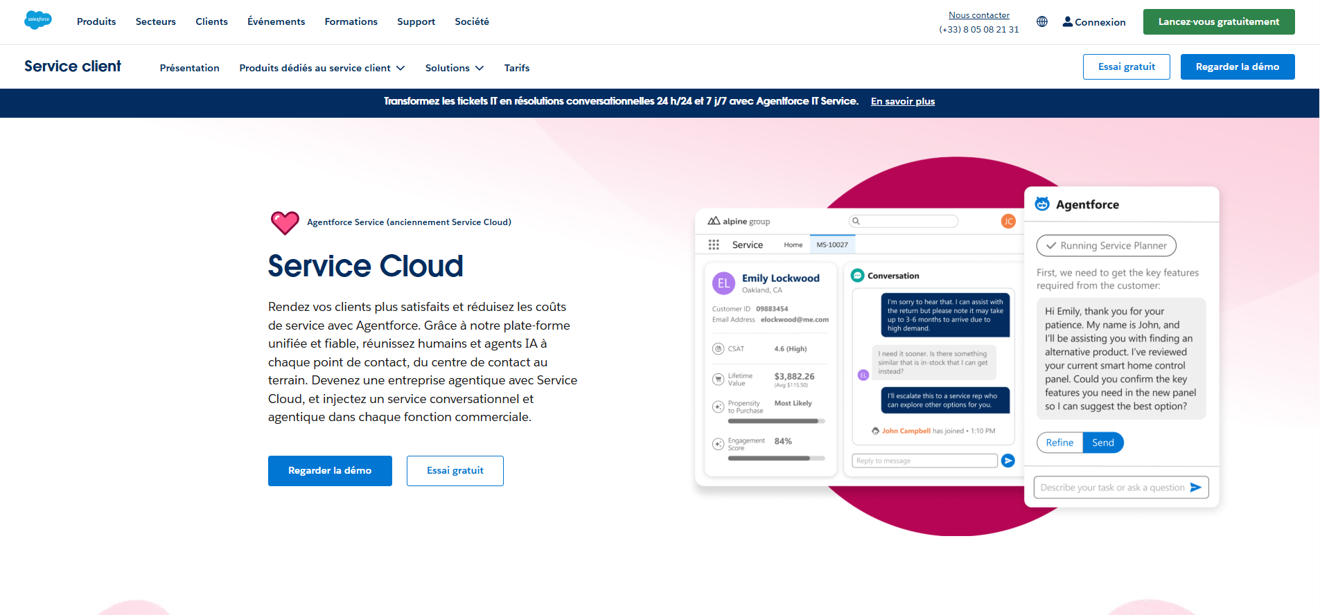 Capture d'écran de la page Service Cloud de Salesforce