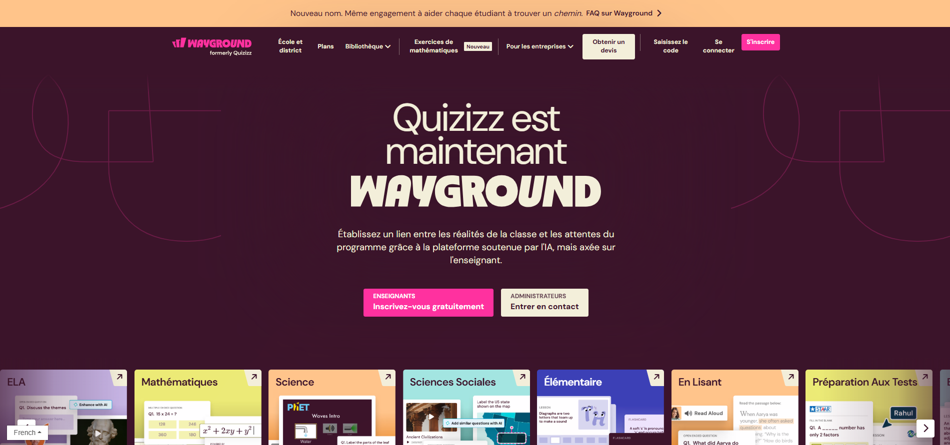 Capture d'écran de la page d'accueil Wayground