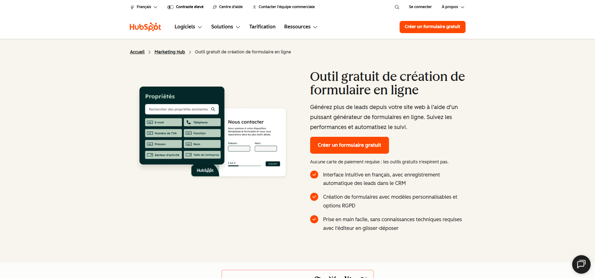 Capture d'écran de la page de destination du Générateur de formulaires en ligne gratuit de HubSpot