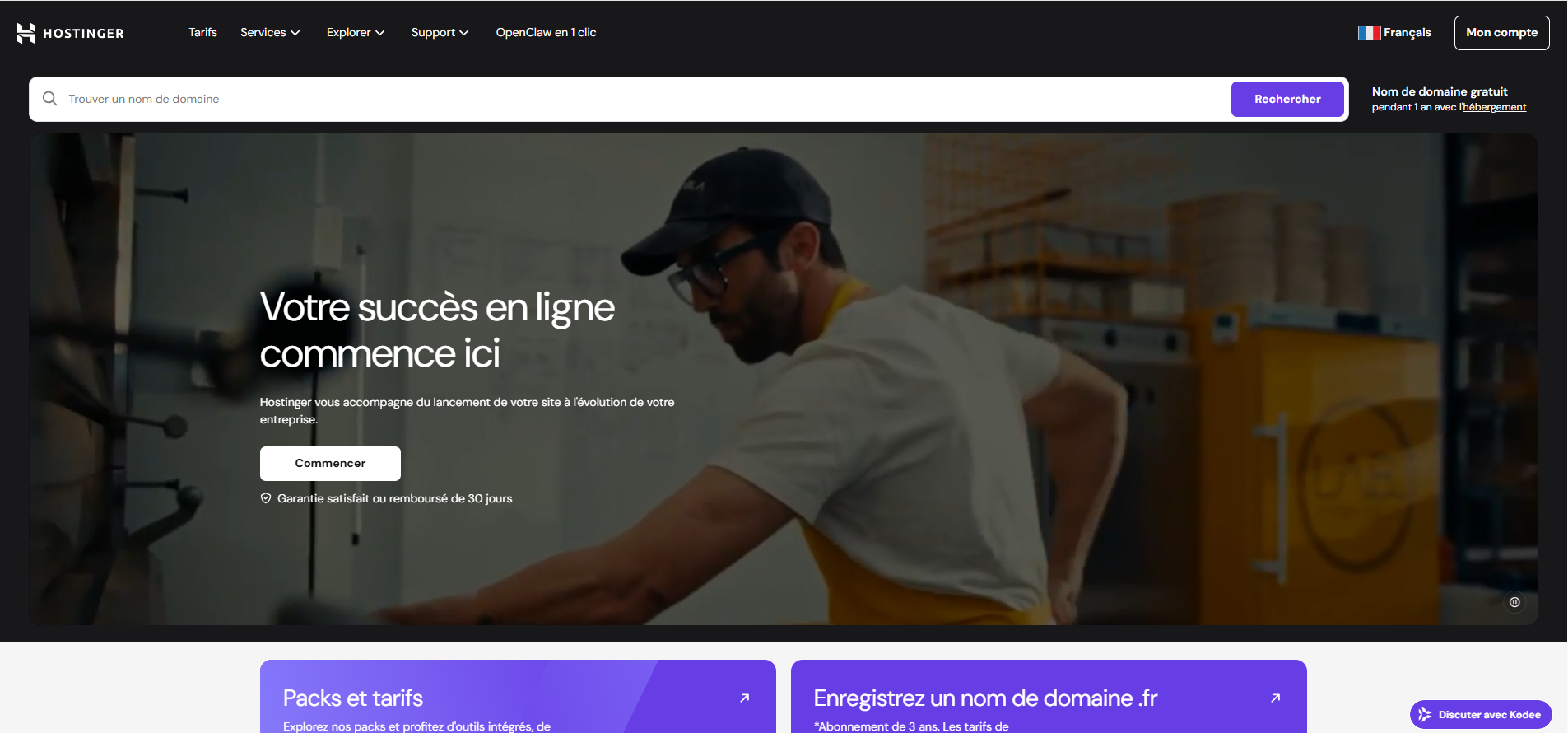 Capture d'écran de la page d'accueil Hostinger en français