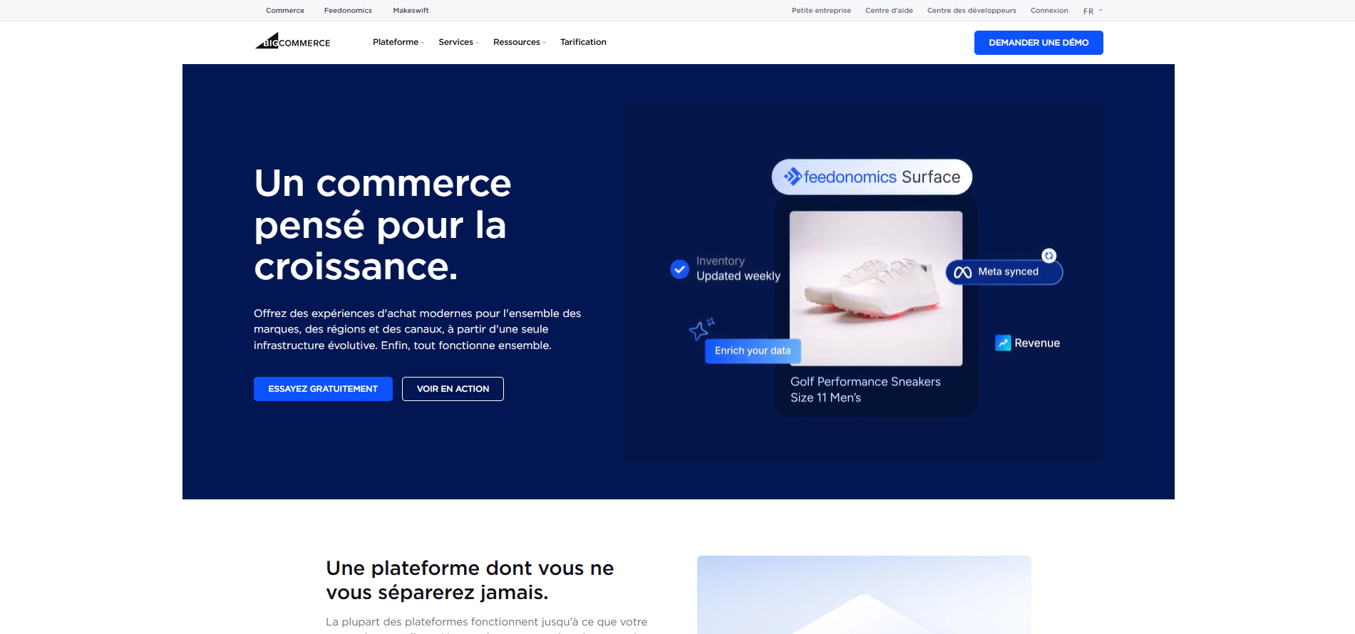 Capture d'écran de la page d'accueil du site BigCommerce en français