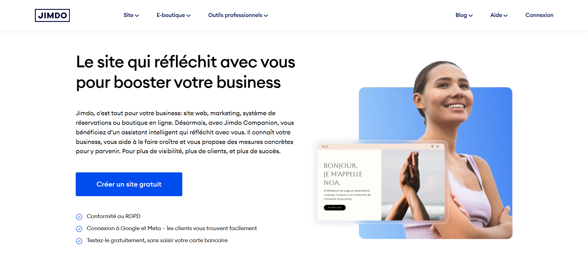 Capture d'écran de la page d'accueil Jimdo en français