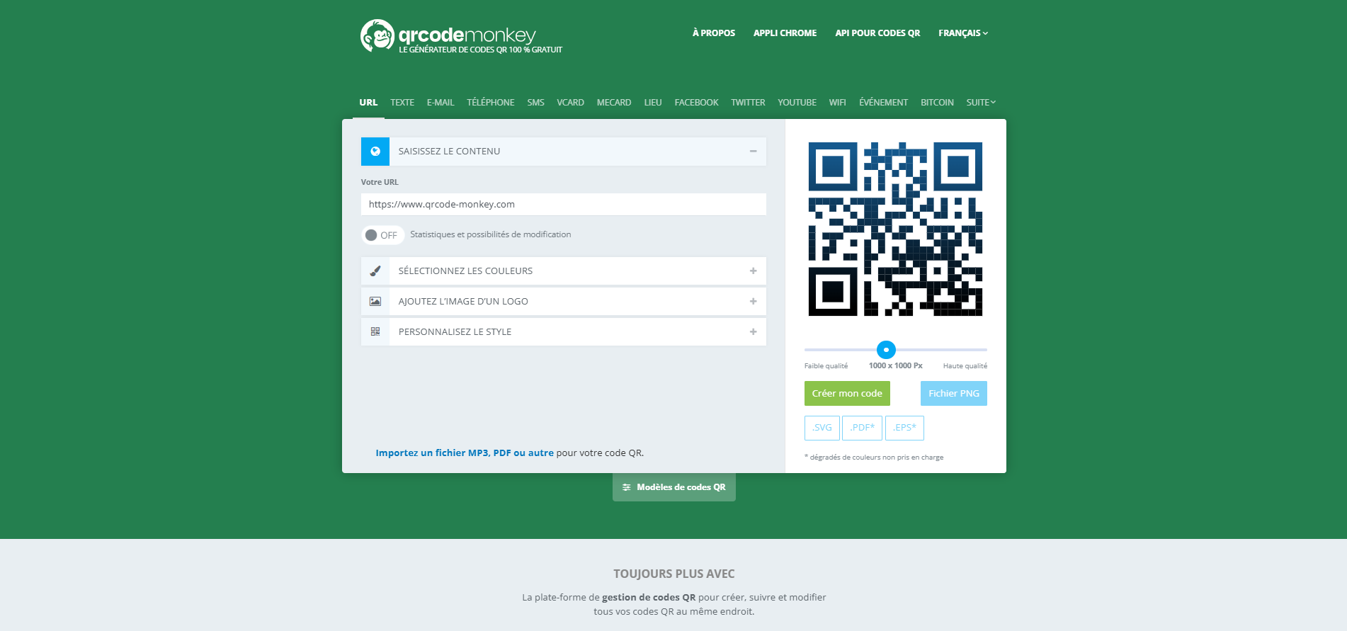 Capture d'écran de la page d'accueil de QRCode Monkey en français