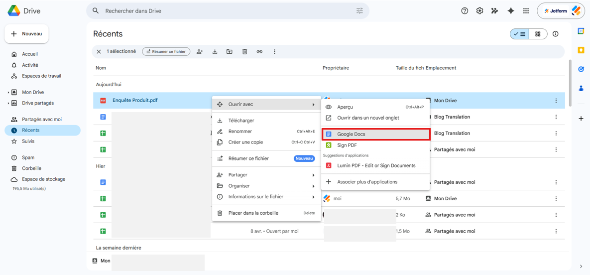 Capture d'écran de Google Drive montrant Ouvrir avec et avec l'option Google Docs encadrée en rouge