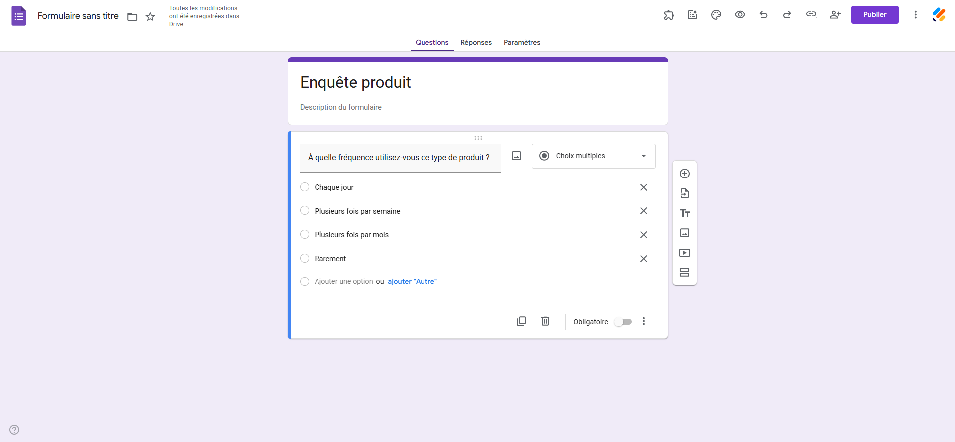 Capture d'écran de l'Éditeur de formulaire Google Forms montrant un formulaire nommé Enquête produit