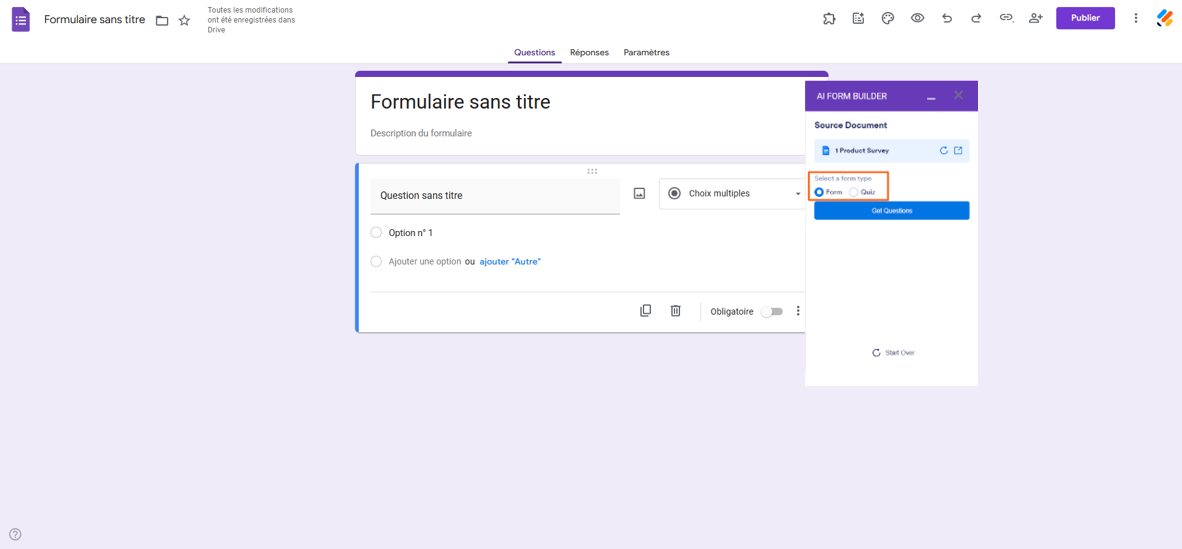 Capture d'écran du module complémentaire AI Form Builder avec un encadré autour de l'option Sélectionner un type de formulaire