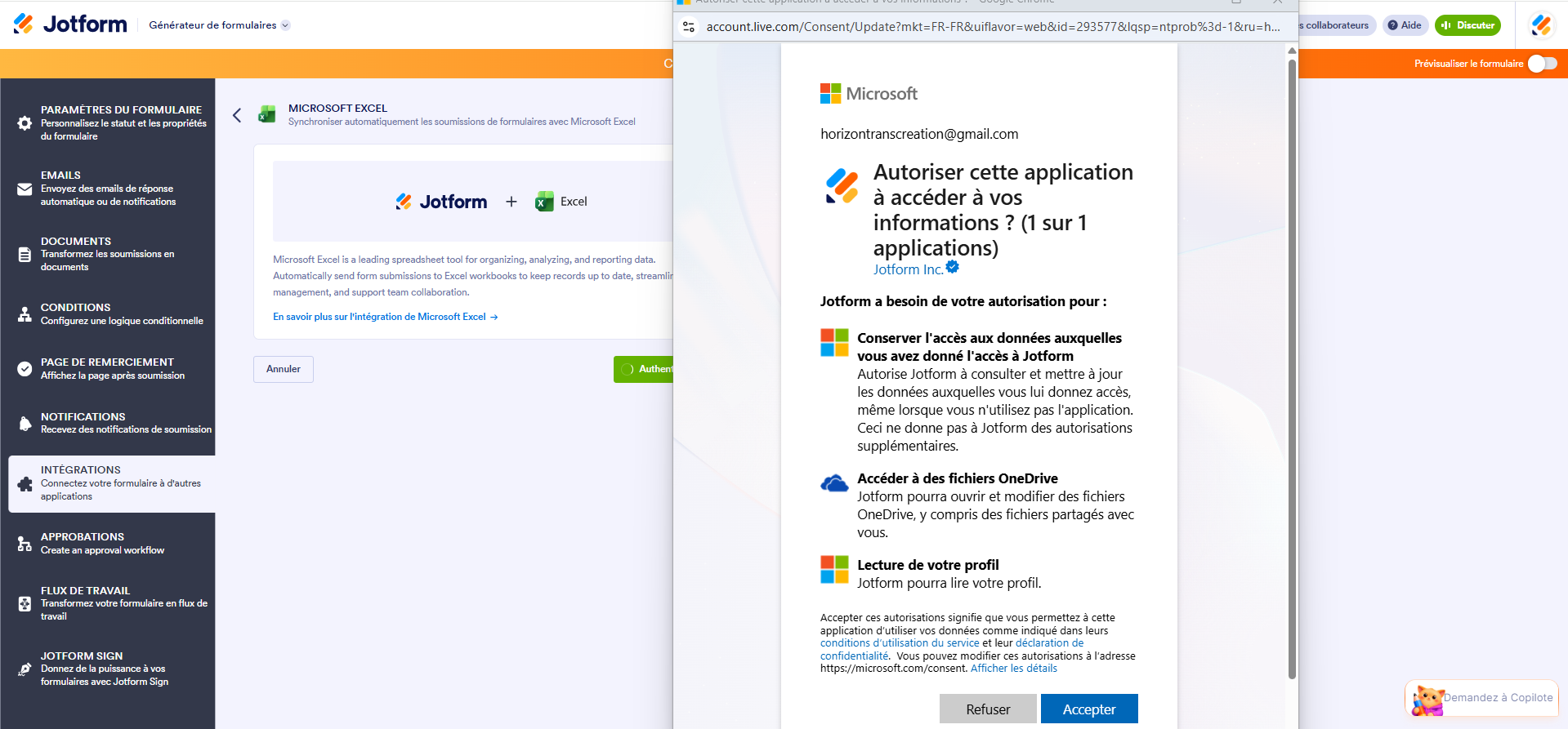 Capture d'écran d'un formulaire dans le Générateur de formulaires Jotform avec la demande d'authentification du compte Microsoft pour connecter Microsoft Excel au générateur de formulaires Jotform