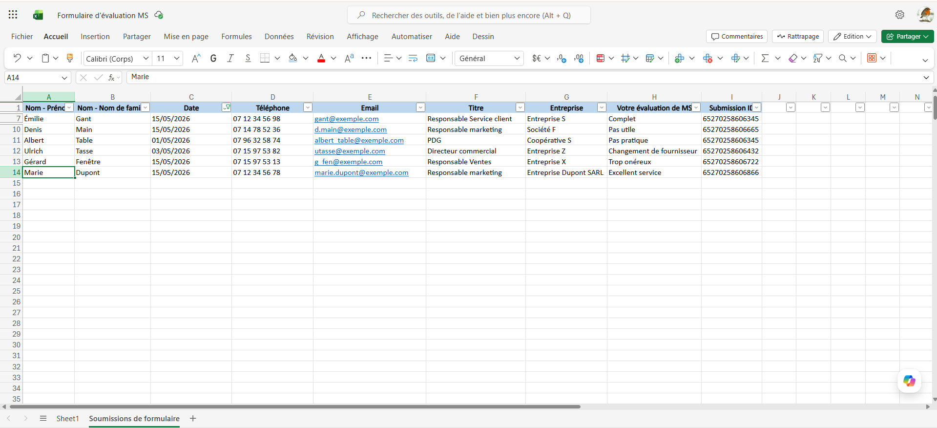 Capture d'écran d'un tableau Excel qui affiche l'action Ajouter une ligne au nouveau tableau sur Microsoft Excel