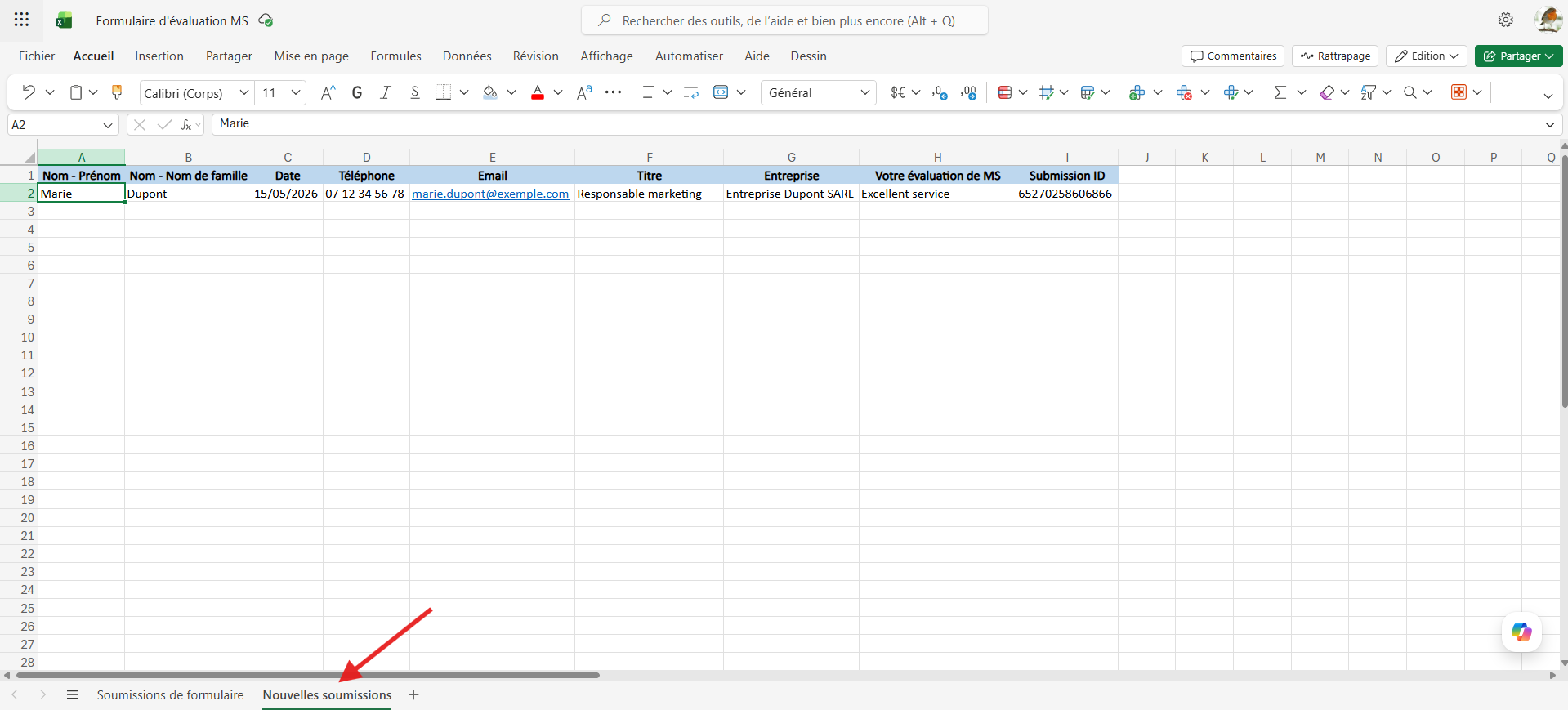 Capture d'écran d'un tableau Excel avec une flèche vers le nouvel onglet Nouvelles soumissions