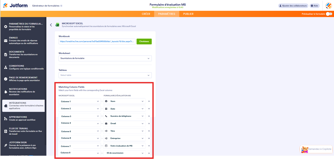 Capture d'écran de l'intégration Excel dans le Générateur de formulaires Jotform avec un encadré autour des champs de colonne correspondants